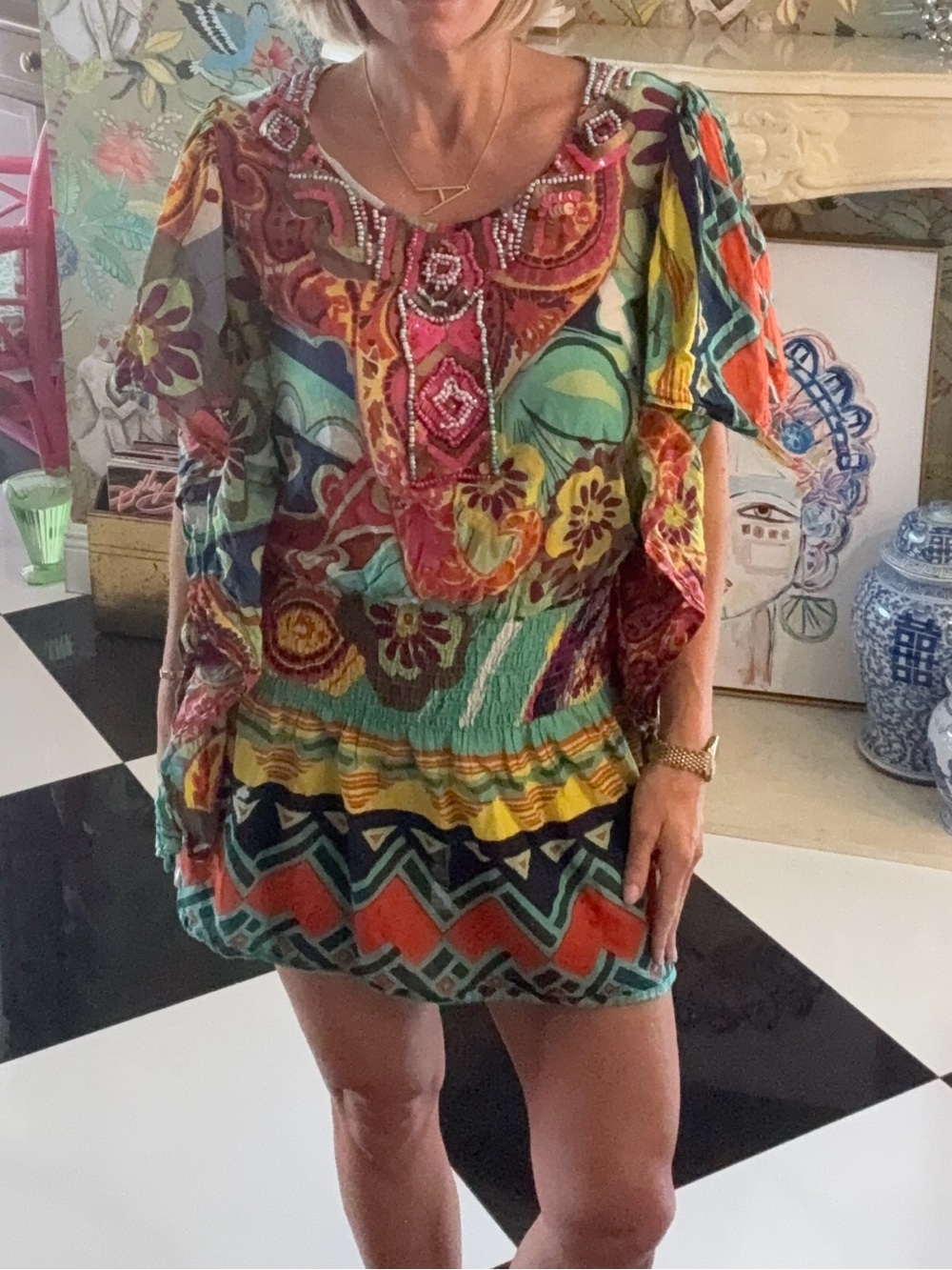 Kareena’s Beaded Boho Tunic Top | Flutter Sleeves | Smocked Drop Waist | Size M